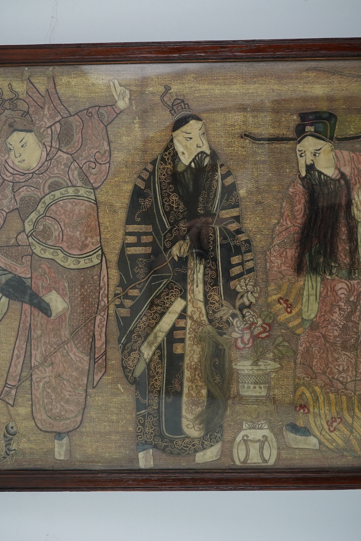 A Chinese embroidered silk ‘Peking Opera’ panel, early 20th century